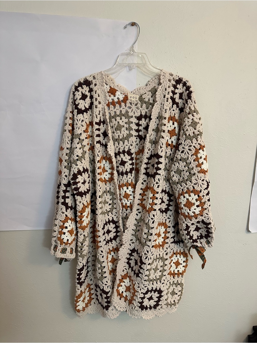 POL Cream Crochet Granny Square Cardigan with Brown & Rust Accents